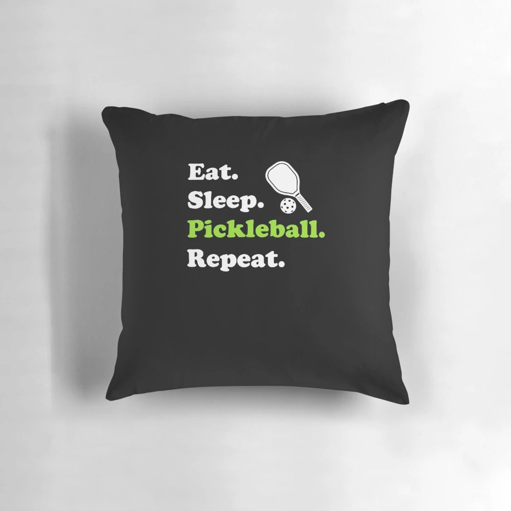 Pickleball retirement-themed pillow with "Eat Sleep Pickleball Repeat" design
