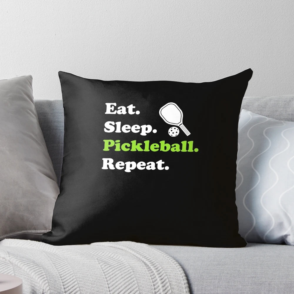 Pickleball retirement-themed pillow with "Eat Sleep Pickleball Repeat" design