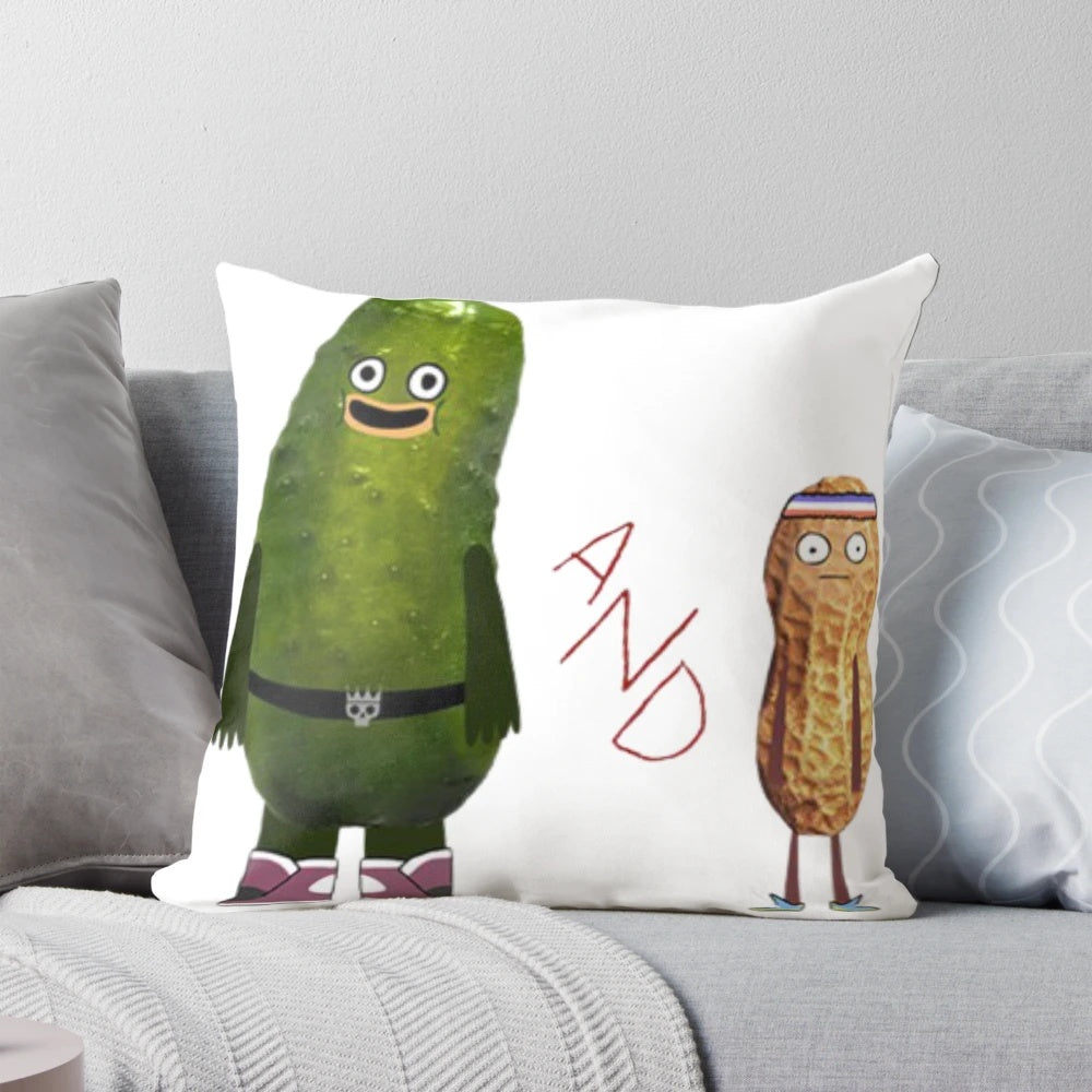 Whimsical pickle and peanut cartoon design on a plush, comfortable pillow for adding nature-inspired humor to your home.