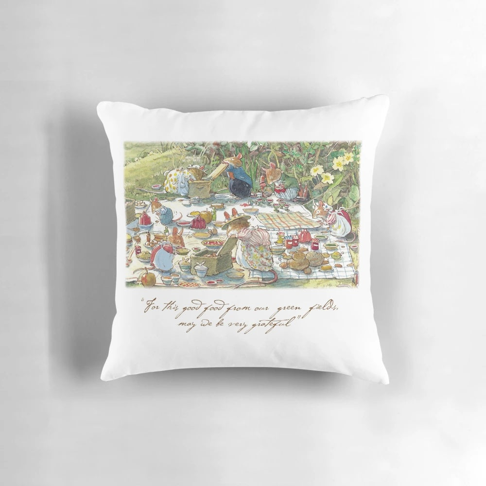 Picnic Time Pillow featuring Brambly Hedge characters in a quintessential British countryside scene