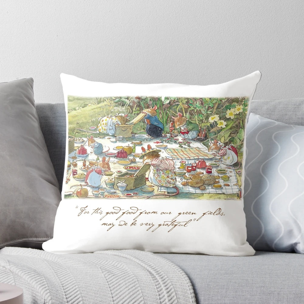 Picnic Time Pillow featuring Brambly Hedge characters in a quintessential British countryside scene