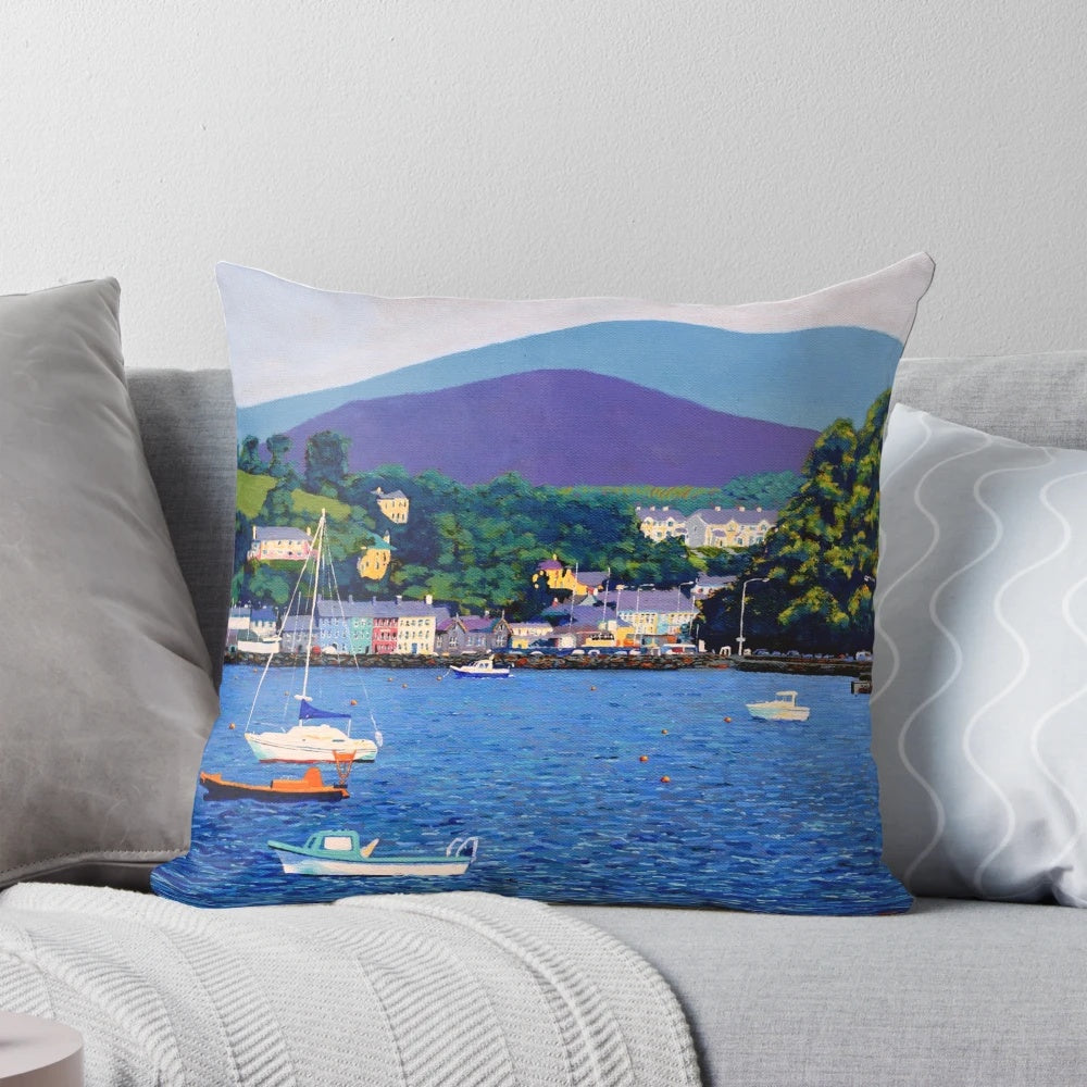 Serene view of Bantry Bay in County Cork, Ireland with mountains, water, and boats in the harbor