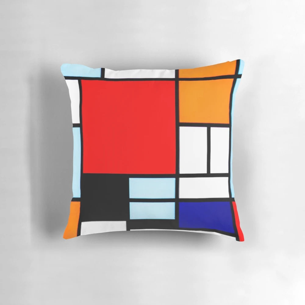 A stylish and modern Piet Mondrian inspired throw pillow, featuring the iconic abstract art style.