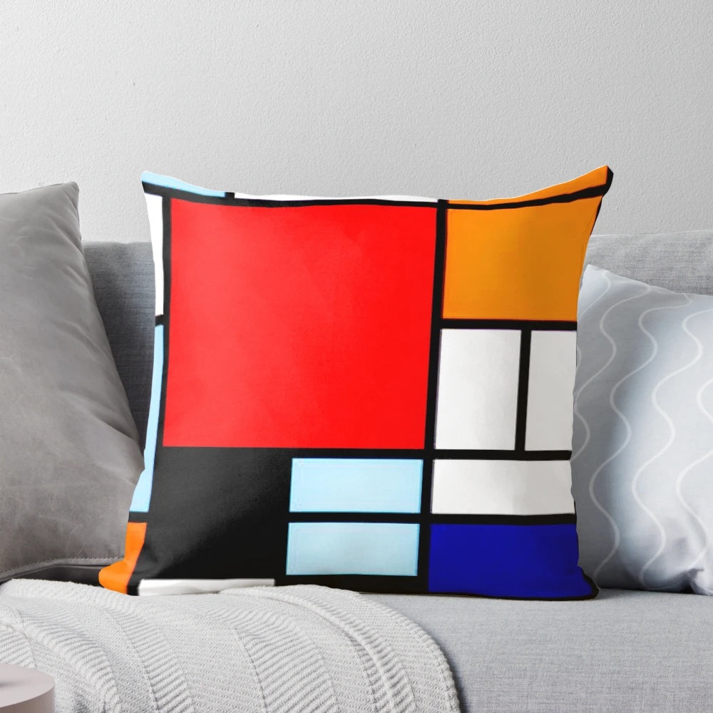 A stylish and modern Piet Mondrian inspired throw pillow, featuring the iconic abstract art style.