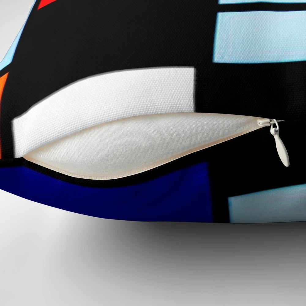 A stylish and modern Piet Mondrian inspired throw pillow, featuring the iconic abstract art style.