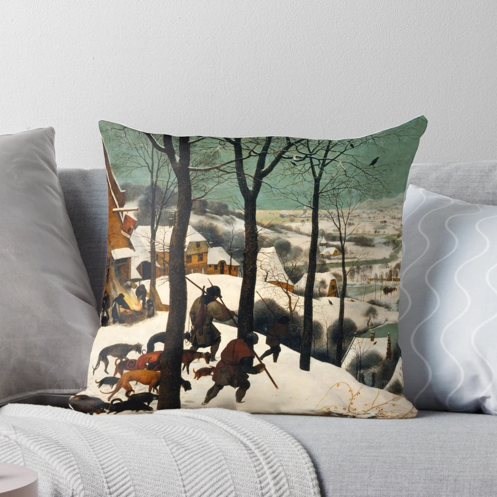 Pieter Bruegel the Elder's classic painting 'Hunters in the Snow' depicted on a high-quality pillow