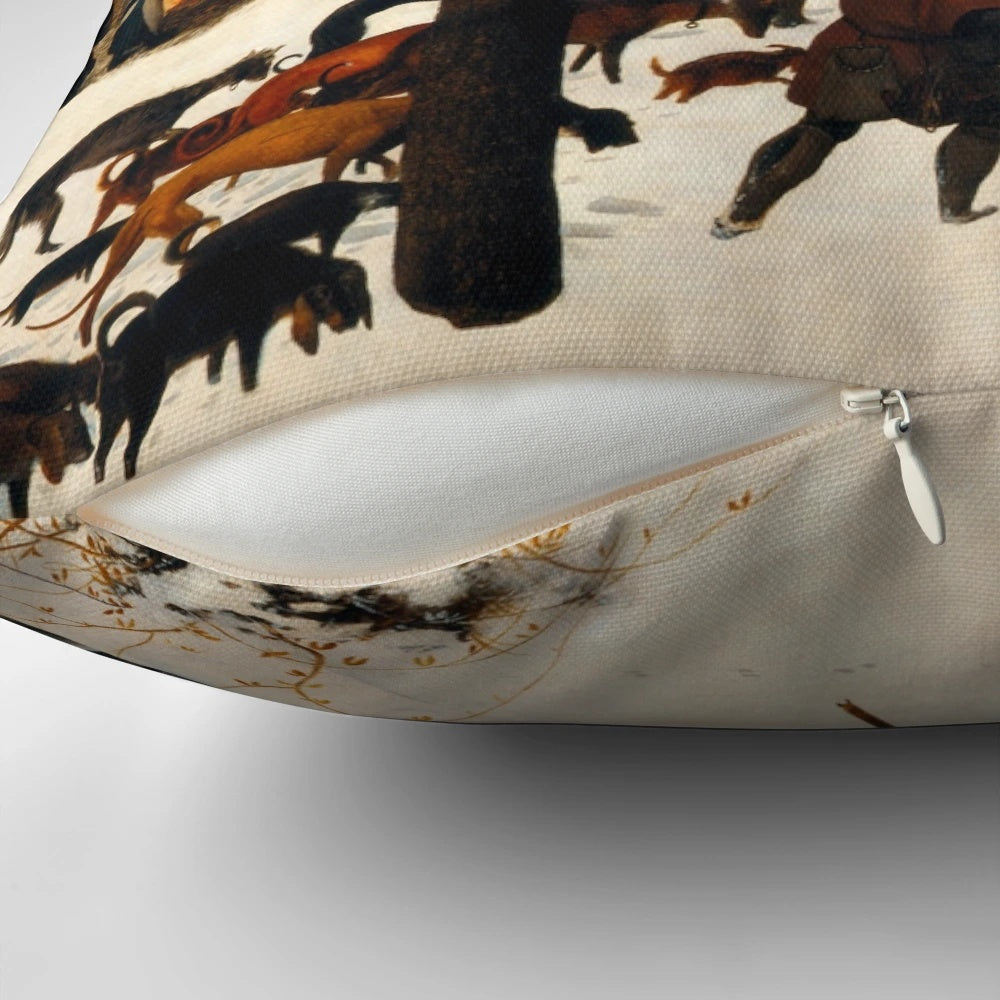 Pieter Bruegel the Elder's classic painting 'Hunters in the Snow' depicted on a high-quality pillow