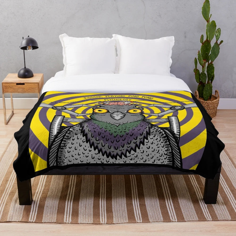 Pigeons Playing Ping Pong inspired plush blanket with psychedelic rock band logo