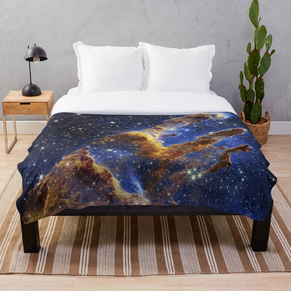 Pillars of Creation space art plush blanket featuring stunning imagery from the James Webb Space Telescope