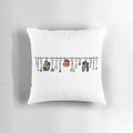 Pillow with colorful illustrations of climbing gear such as ropes, carabiners, and shoes
