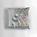 Decorative pillow featuring a graffiti-style design inspired by the artwork of Norwegian artist Martin Whatson and the Wynwood Walls in Miami.