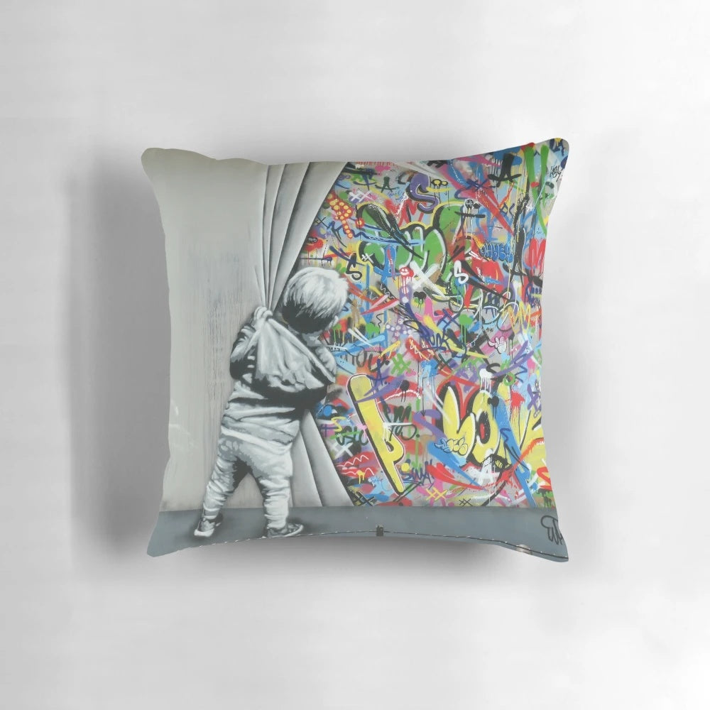Decorative pillow featuring a graffiti-style design inspired by the artwork of Norwegian artist Martin Whatson and the Wynwood Walls in Miami.