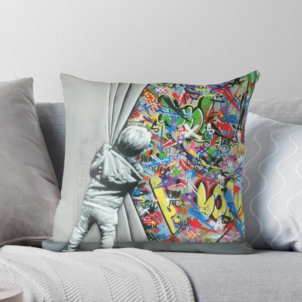 Decorative pillow featuring a graffiti-style design inspired by the artwork of Norwegian artist Martin Whatson and the Wynwood Walls in Miami.