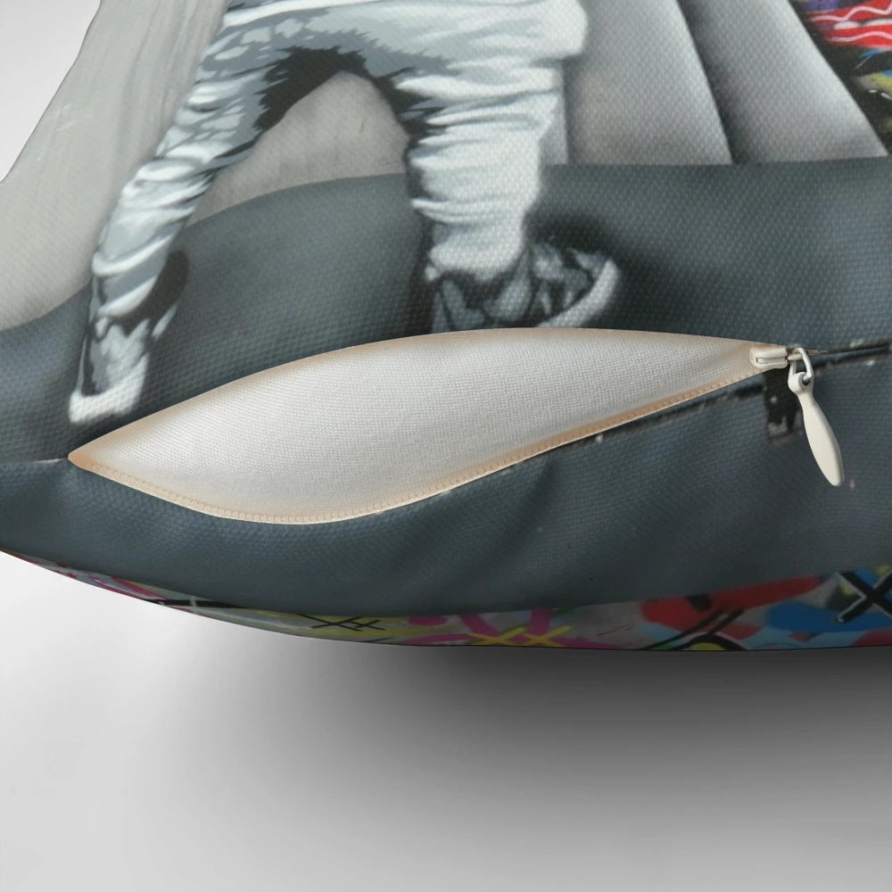 Decorative pillow featuring a graffiti-style design inspired by the artwork of Norwegian artist Martin Whatson and the Wynwood Walls in Miami.