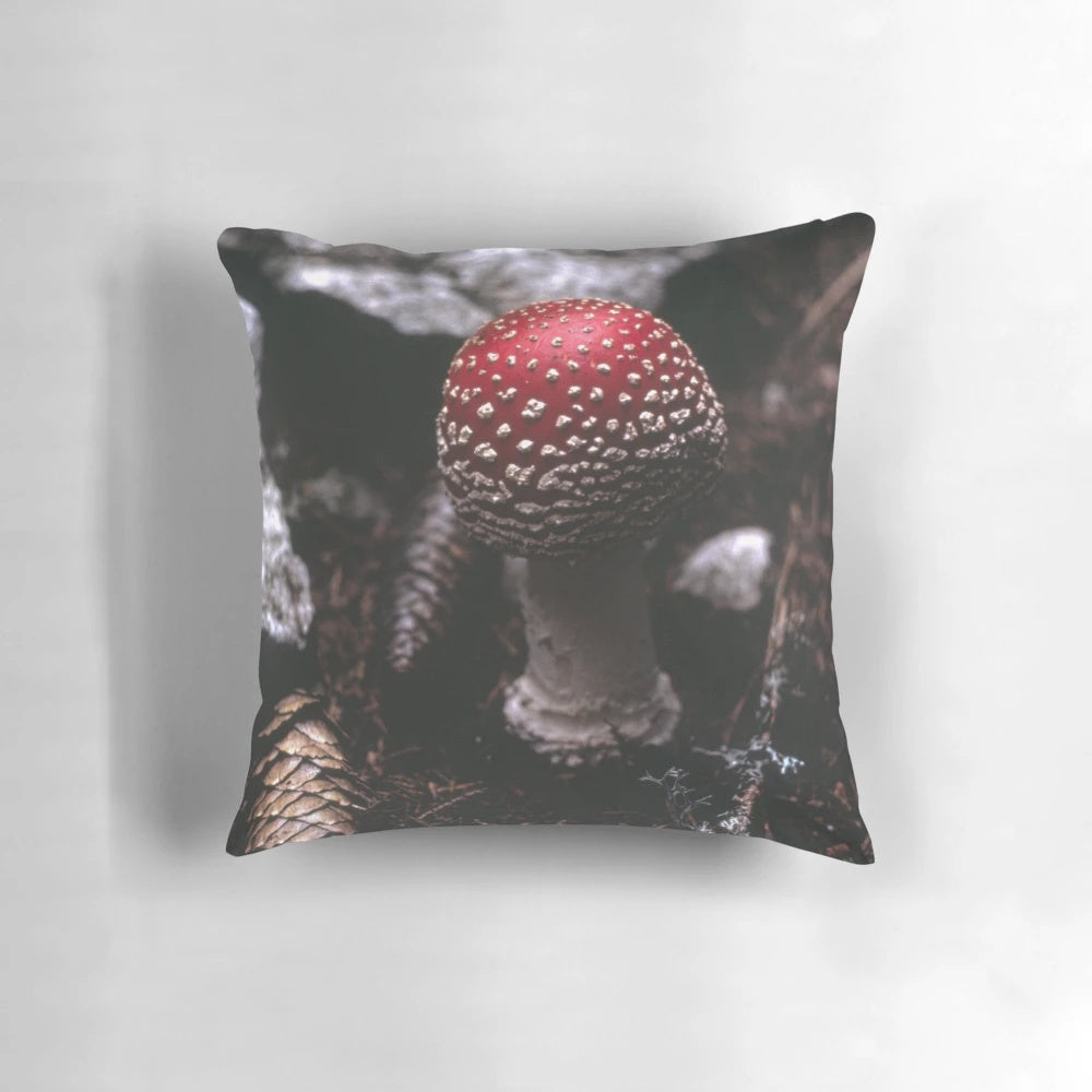 Pillow featuring a realistic mushroom design, perfect for a forest or nature-themed interior.