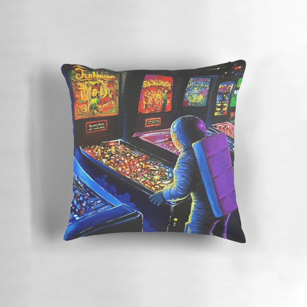 A vibrant throw pillow featuring a retro-inspired pinball wizard illustration, perfect for adding a touch of gaming nostalgia to your home decor.