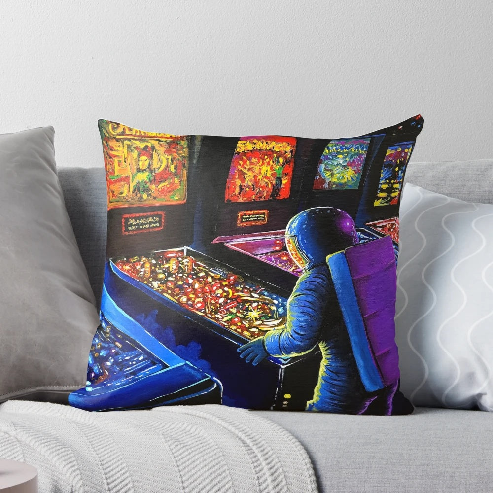 A vibrant throw pillow featuring a retro-inspired pinball wizard illustration, perfect for adding a touch of gaming nostalgia to your home decor.