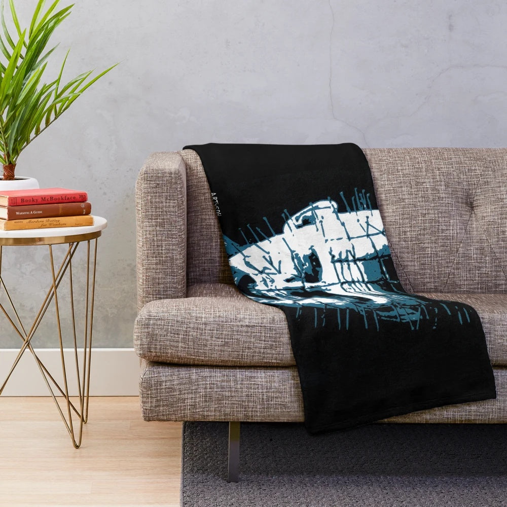 Pinhead inspired plush blanket with horror movie graphic