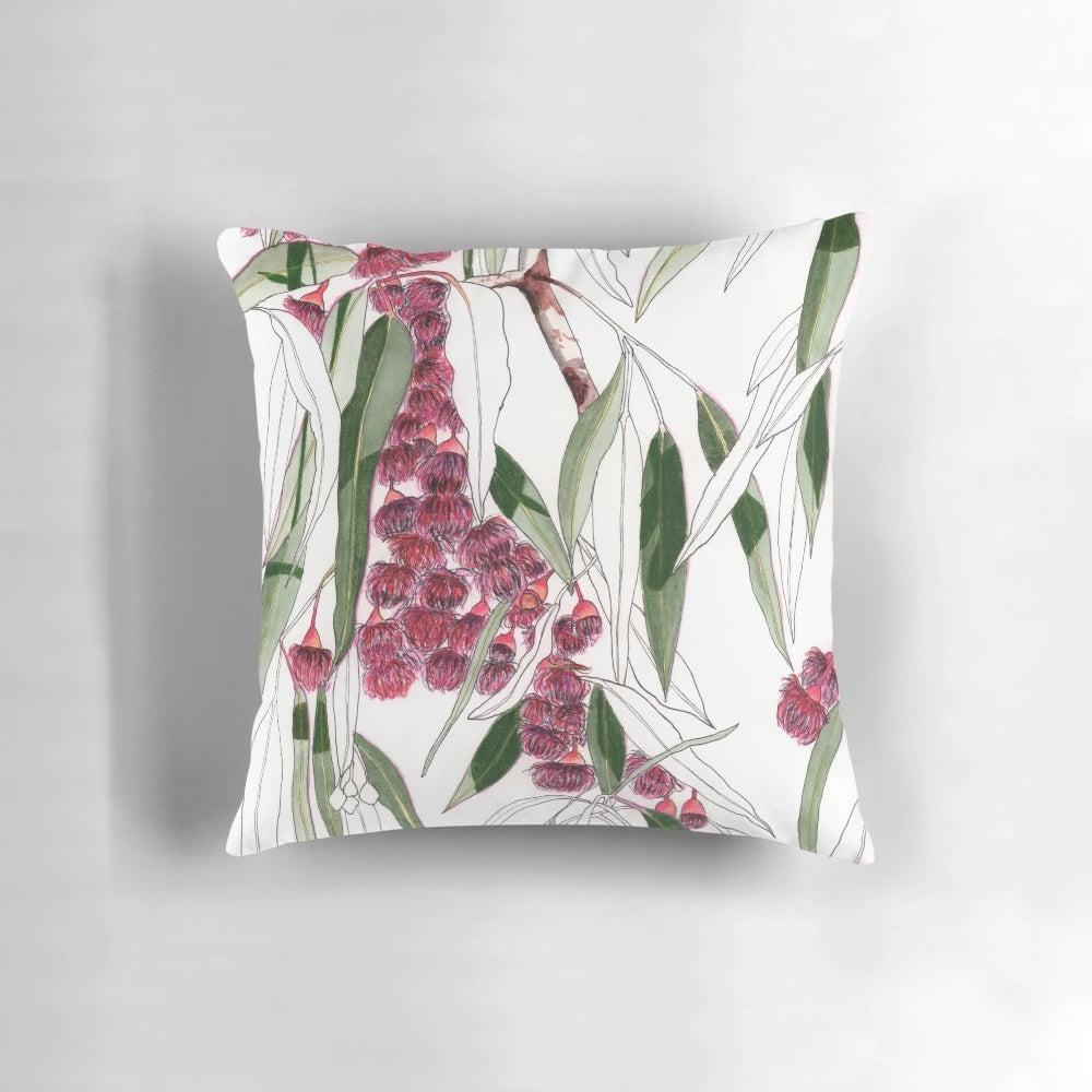 Close-up of a pink Australian eucalyptus leaves botanical pillow