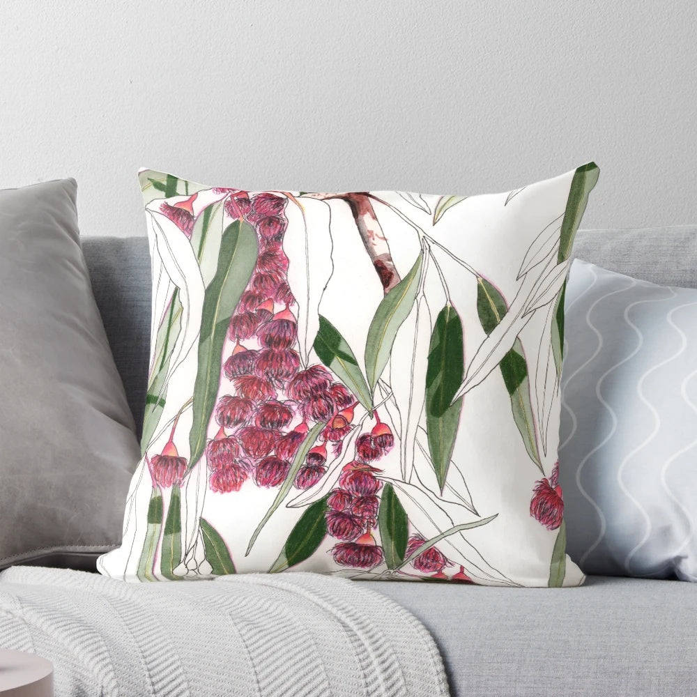 Close-up of a pink Australian eucalyptus leaves botanical pillow