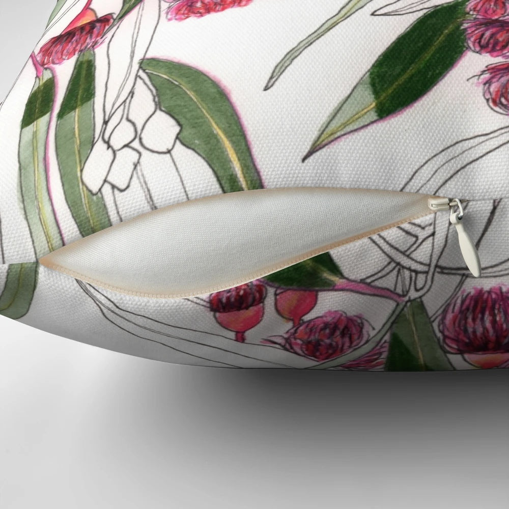 Close-up of a pink Australian eucalyptus leaves botanical pillow