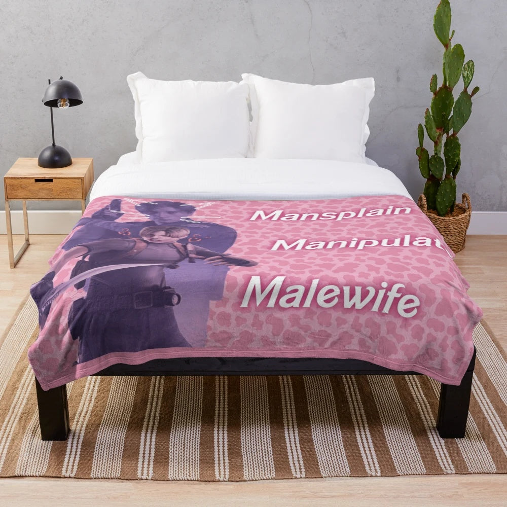 Pink plush blanket featuring a cow design inspired by the character Leon Kennedy from the Resident Evil video game series.