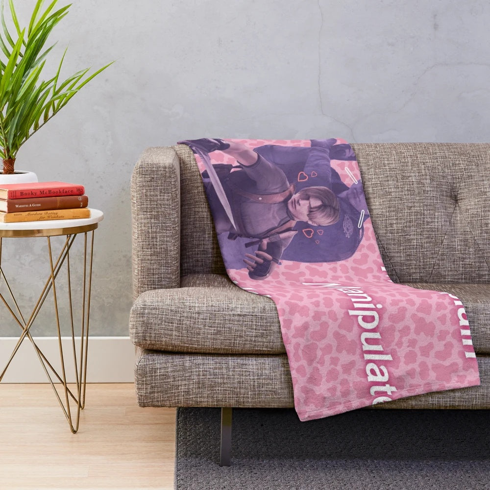 Pink plush blanket featuring a cow design inspired by the character Leon Kennedy from the Resident Evil video game series.