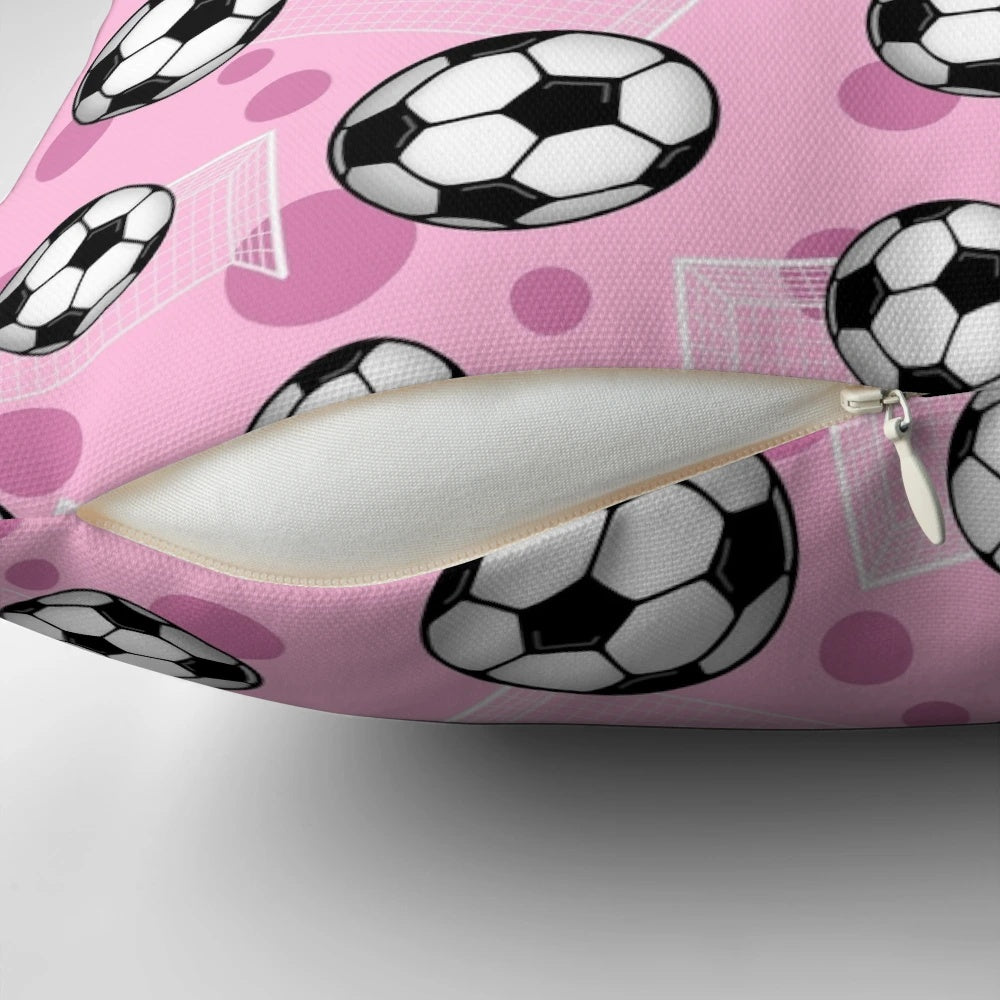 Pink Soccer Pillow featuring a vibrant pattern of soccer balls and goals