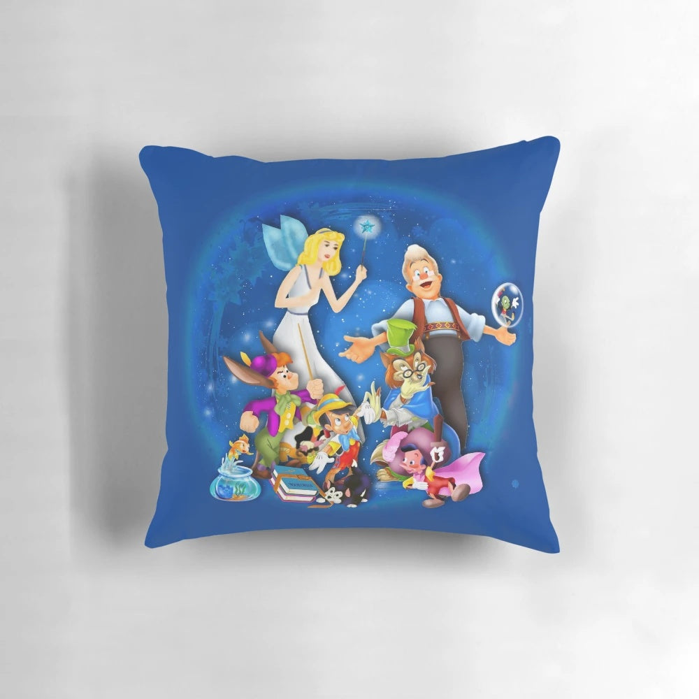 A cozy blue and white Pinocchio-themed pillow featuring the iconic characters from the classic fairy tale.