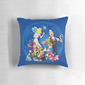 A cozy blue and white Pinocchio-themed pillow featuring the iconic characters from the classic fairy tale.