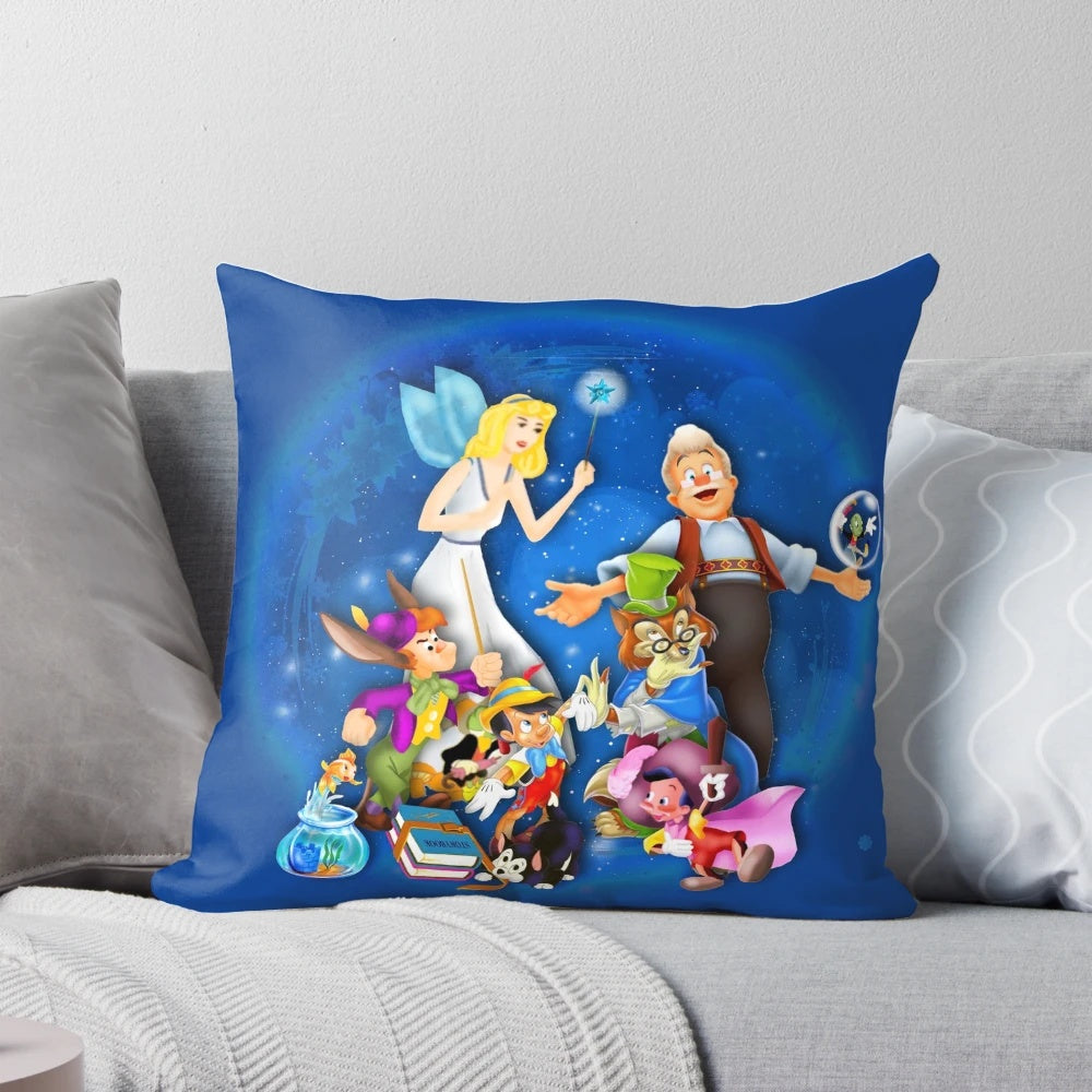 A cozy blue and white Pinocchio-themed pillow featuring the iconic characters from the classic fairy tale.
