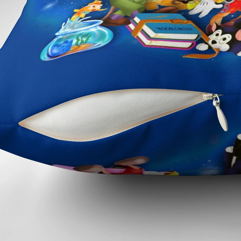 A cozy blue and white Pinocchio-themed pillow featuring the iconic characters from the classic fairy tale.