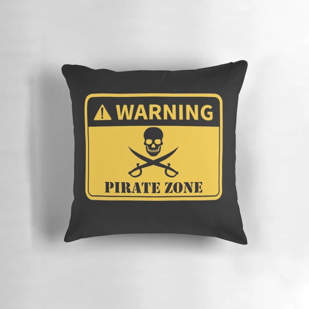 Pirate Zone Warning Sign Pillow featuring a skull and crossed swords design