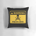 Pirate Zone Warning Sign Pillow featuring a skull and crossed swords design