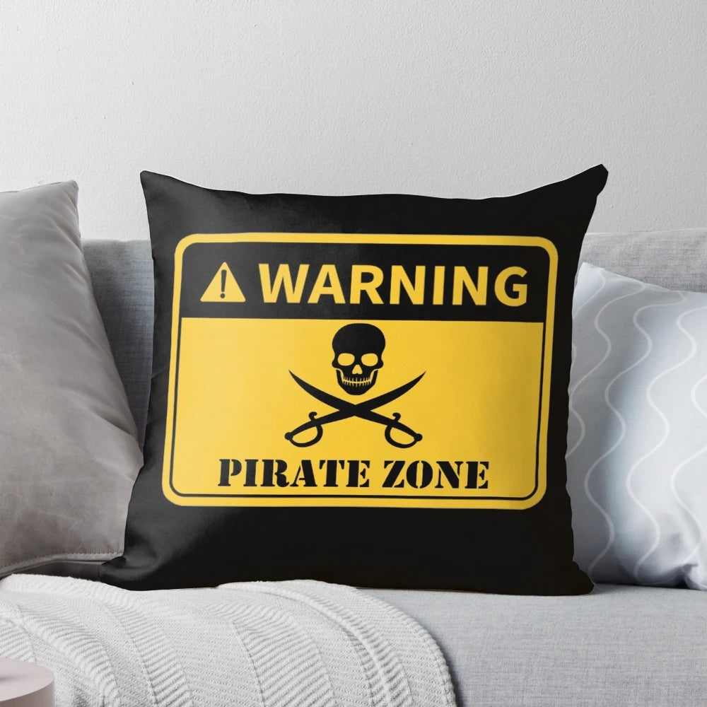 Pirate Zone Warning Sign Pillow featuring a skull and crossed swords design
