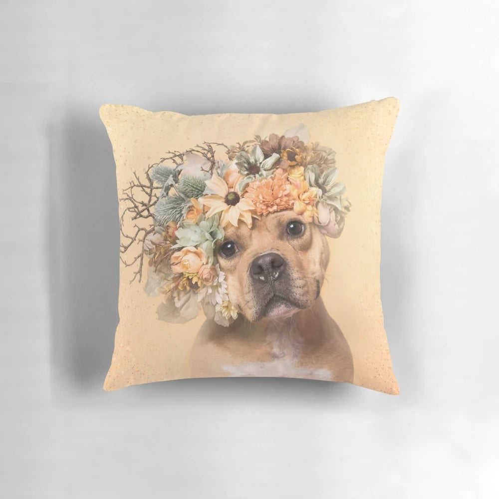 Bubba the pit bull pillow with a floral design, showcasing the beauty and personality of rescue dogs.