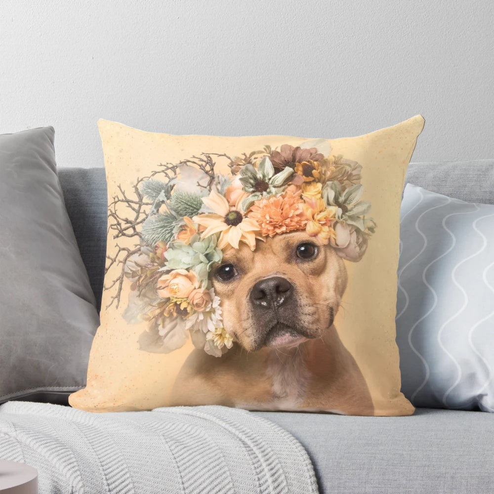 Bubba the pit bull pillow with a floral design, showcasing the beauty and personality of rescue dogs.