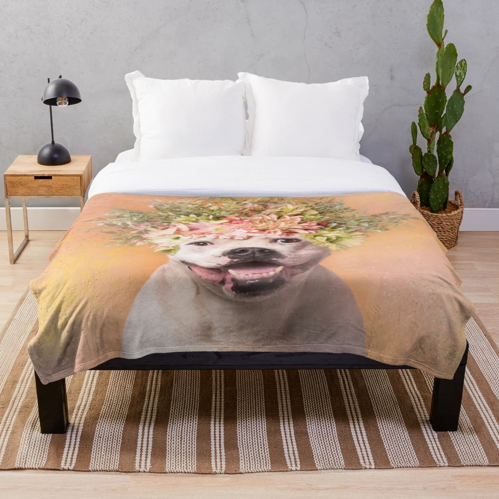 Pit bull flower power plush blanket featuring a floral design