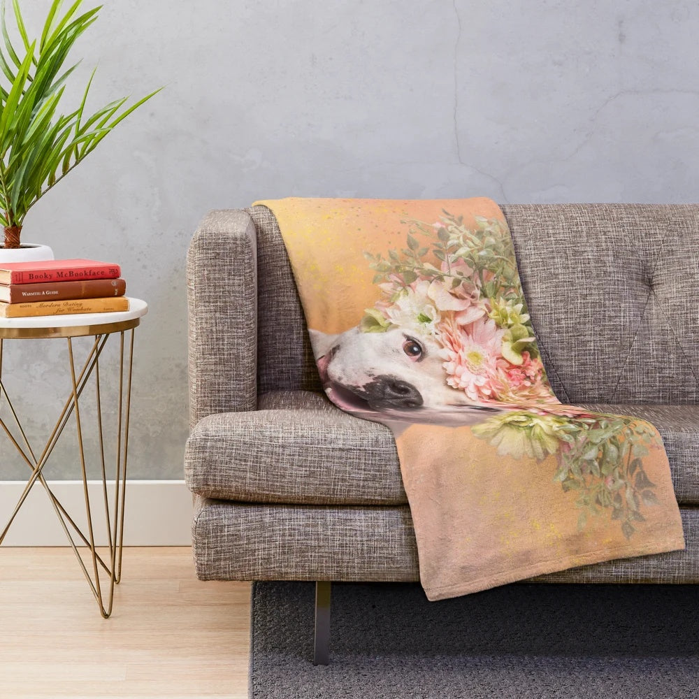 Pit bull flower power plush blanket featuring a floral design