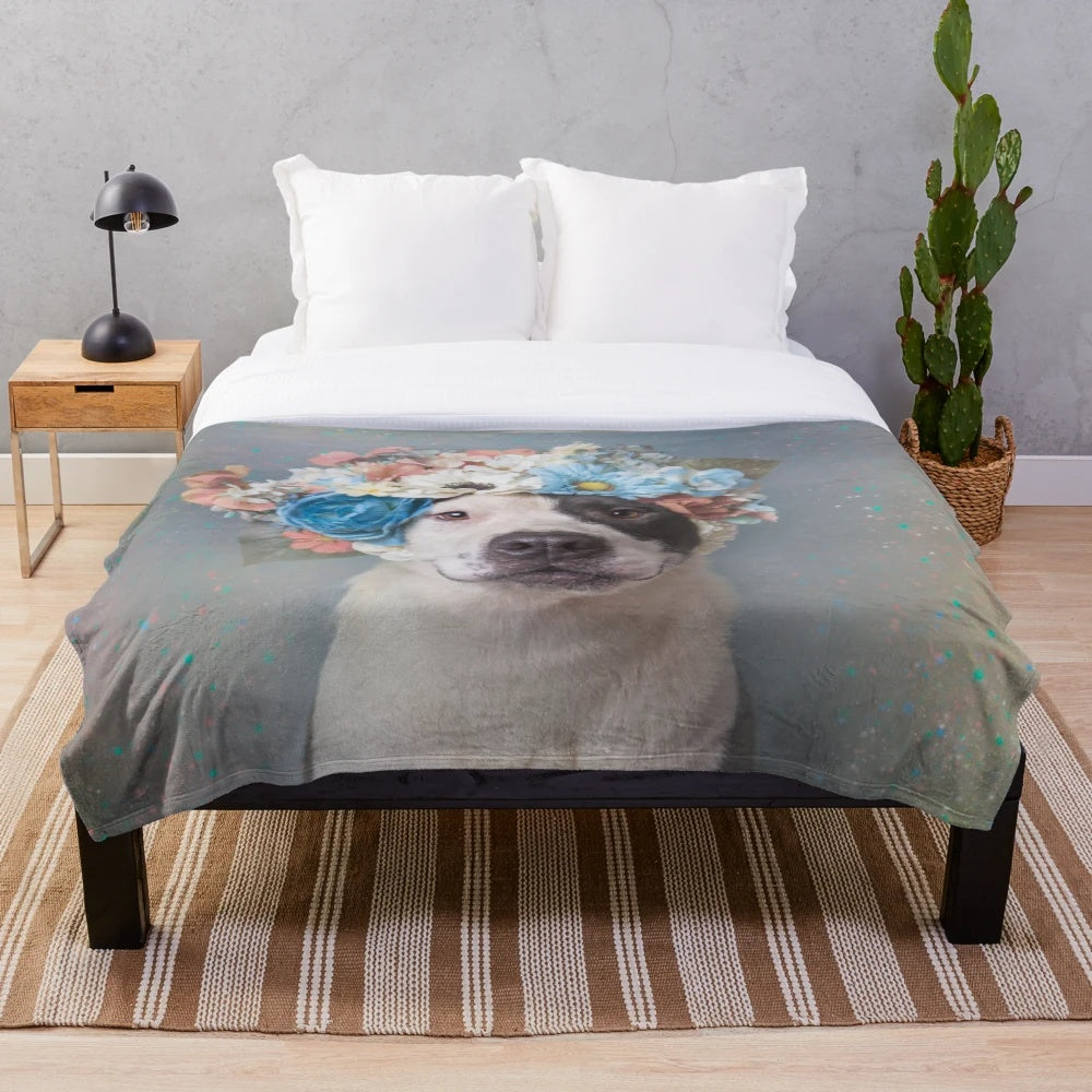 Pit bull plush blanket featuring flower power design inspired by Sophie Gamand's art