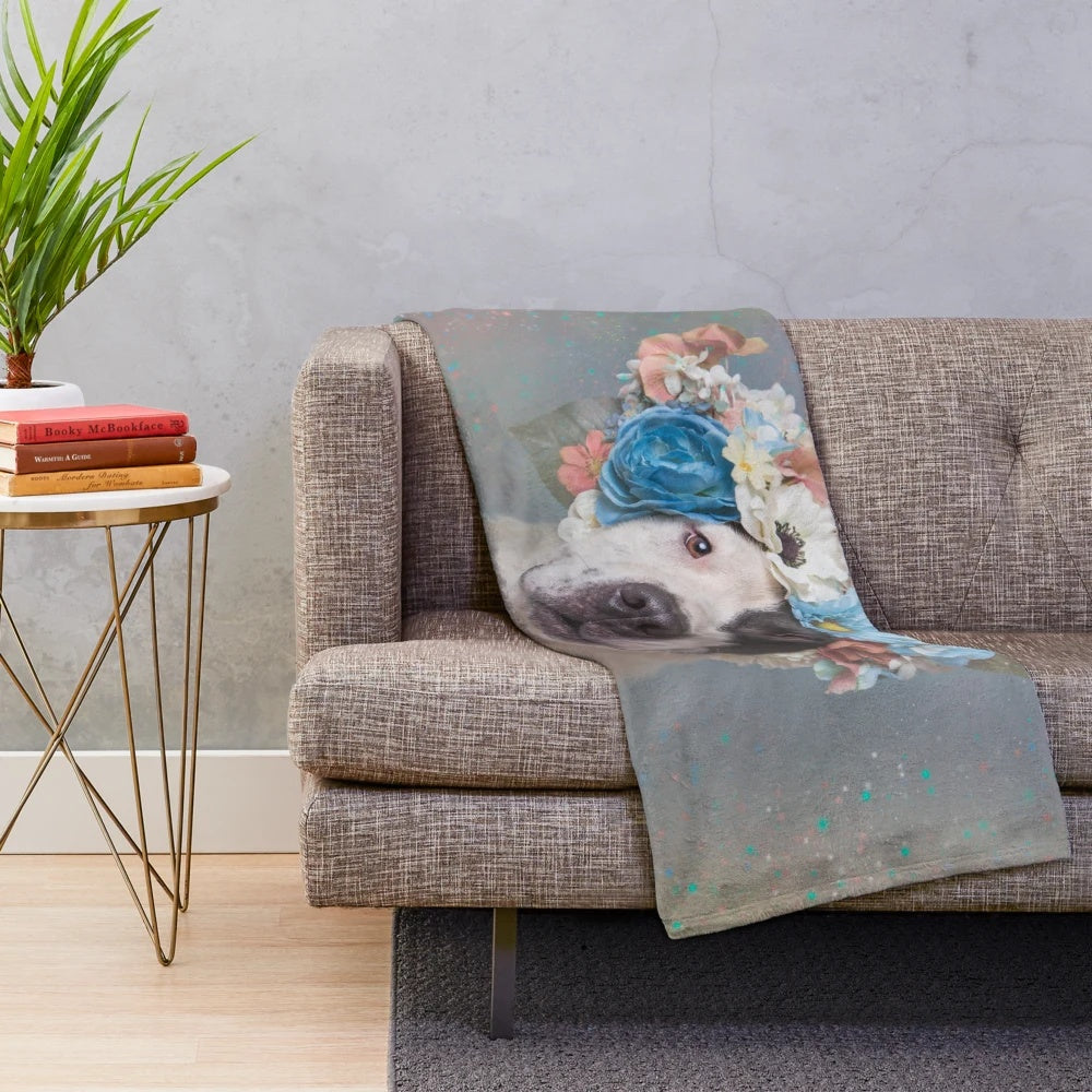 Pit bull plush blanket featuring flower power design inspired by Sophie Gamand's art