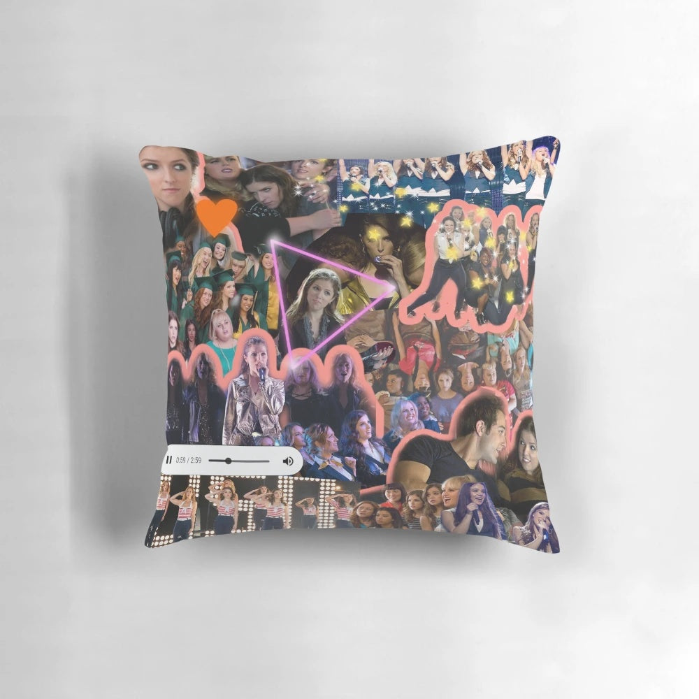 Pitch Perfect-themed collage design on a soft, comfortable pillow