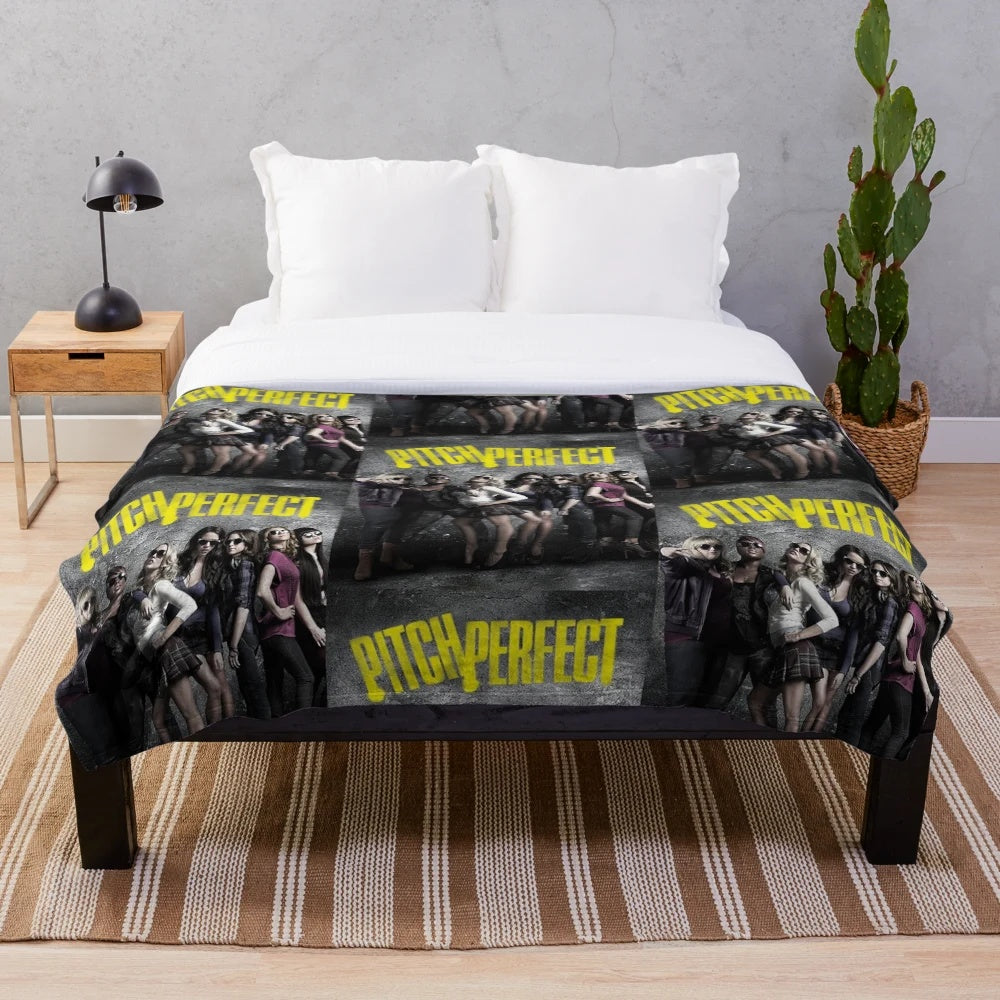 Pitch Perfect inspired plush blanket with movie characters and logo