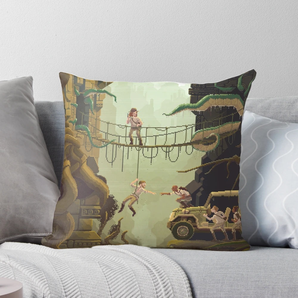 Decorative pixel art pillow featuring 'The Stolen Idol' scene by artist Octavi Navarro