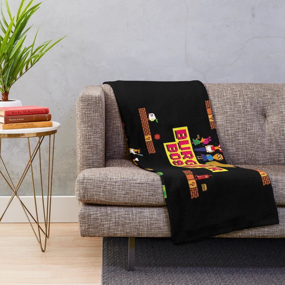 Pixel art plush blanket featuring Burger Boss from the animated series Bob's Burgers