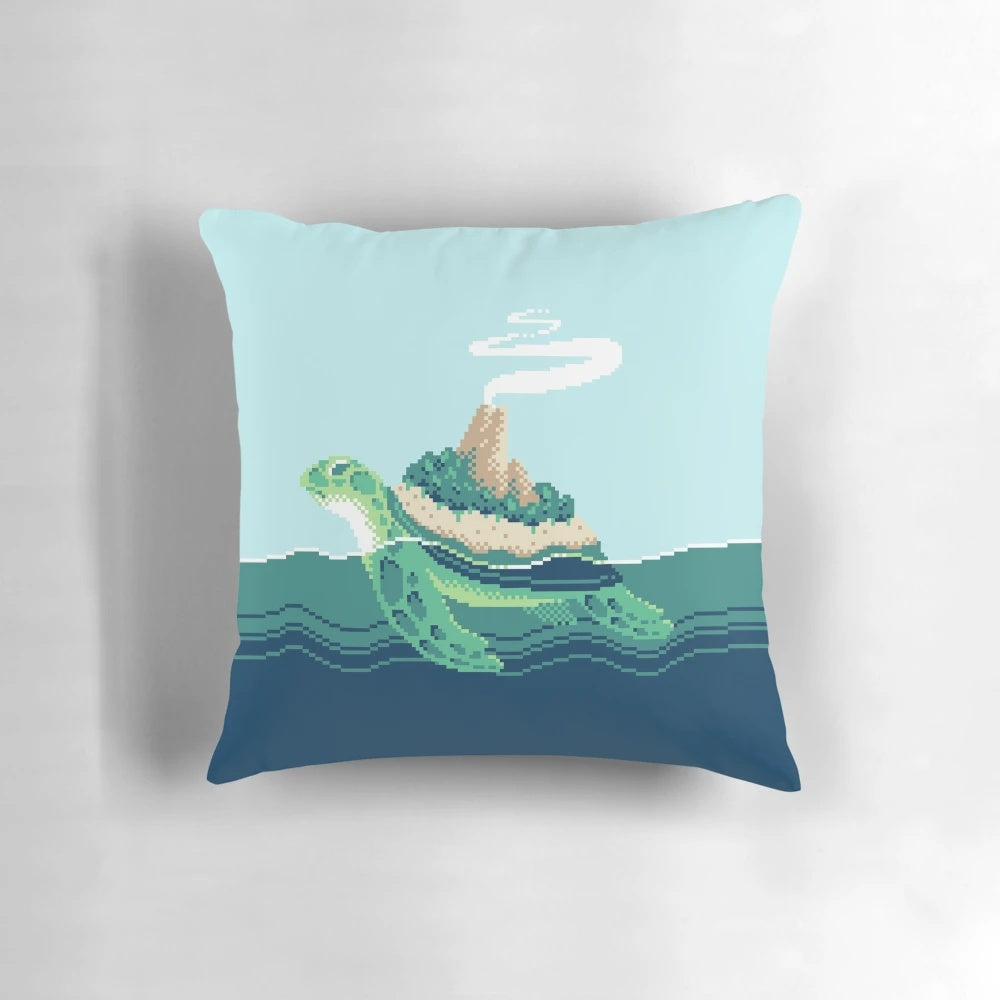 Pixel art illustration of a whimsical sea monster on a plush cushion