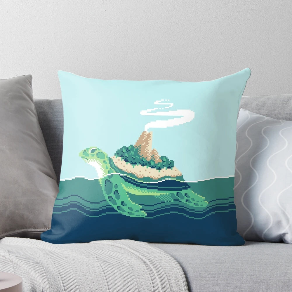 Pixel art illustration of a whimsical sea monster on a plush cushion