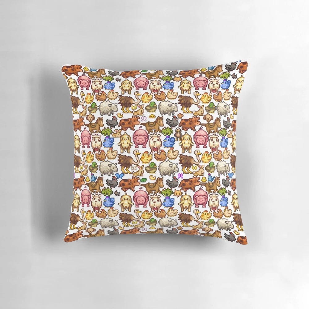 Stardew Valley animals pixel art design on a plush, comfortable pillow