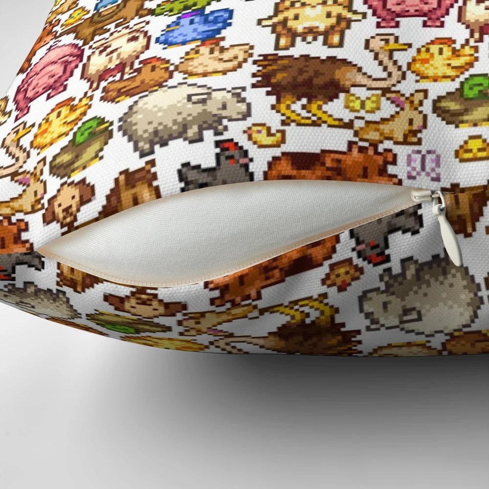 Stardew Valley animals pixel art design on a plush, comfortable pillow