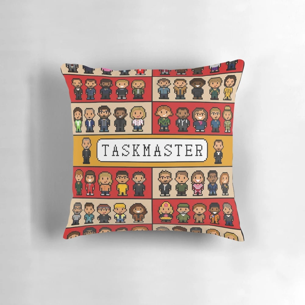Pixel art Taskmaster display essential pillow with a square graphic design